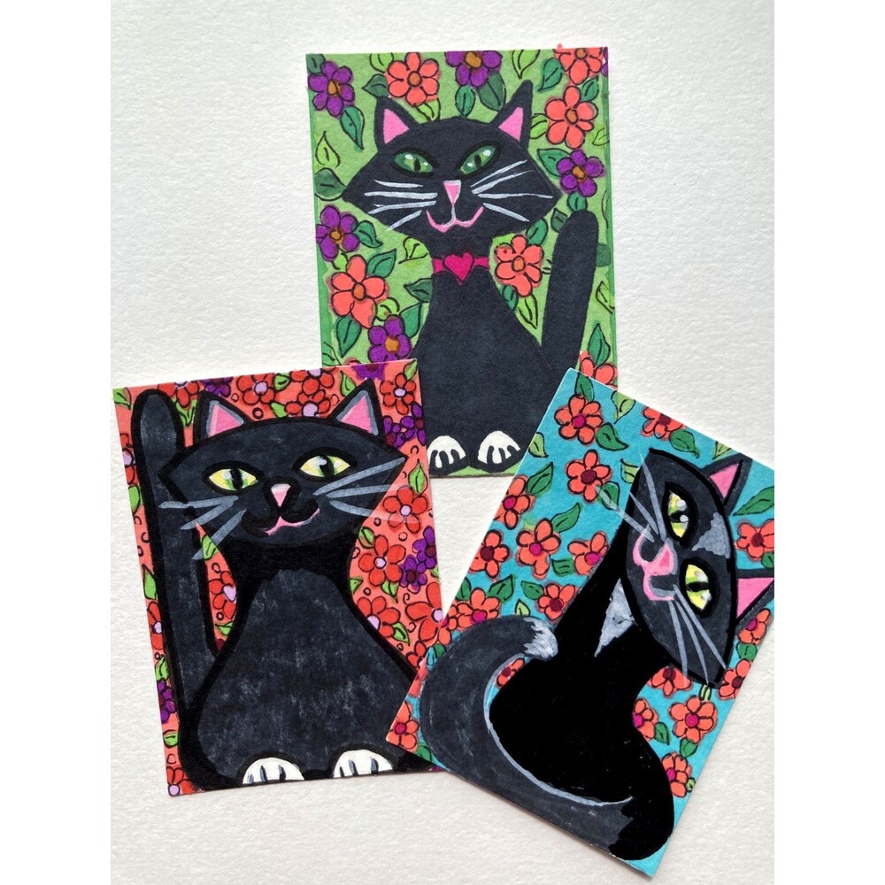 ACEO Original Paintings Set of 3 Black Cat Naive Art Floral Flowers Garden OOAK